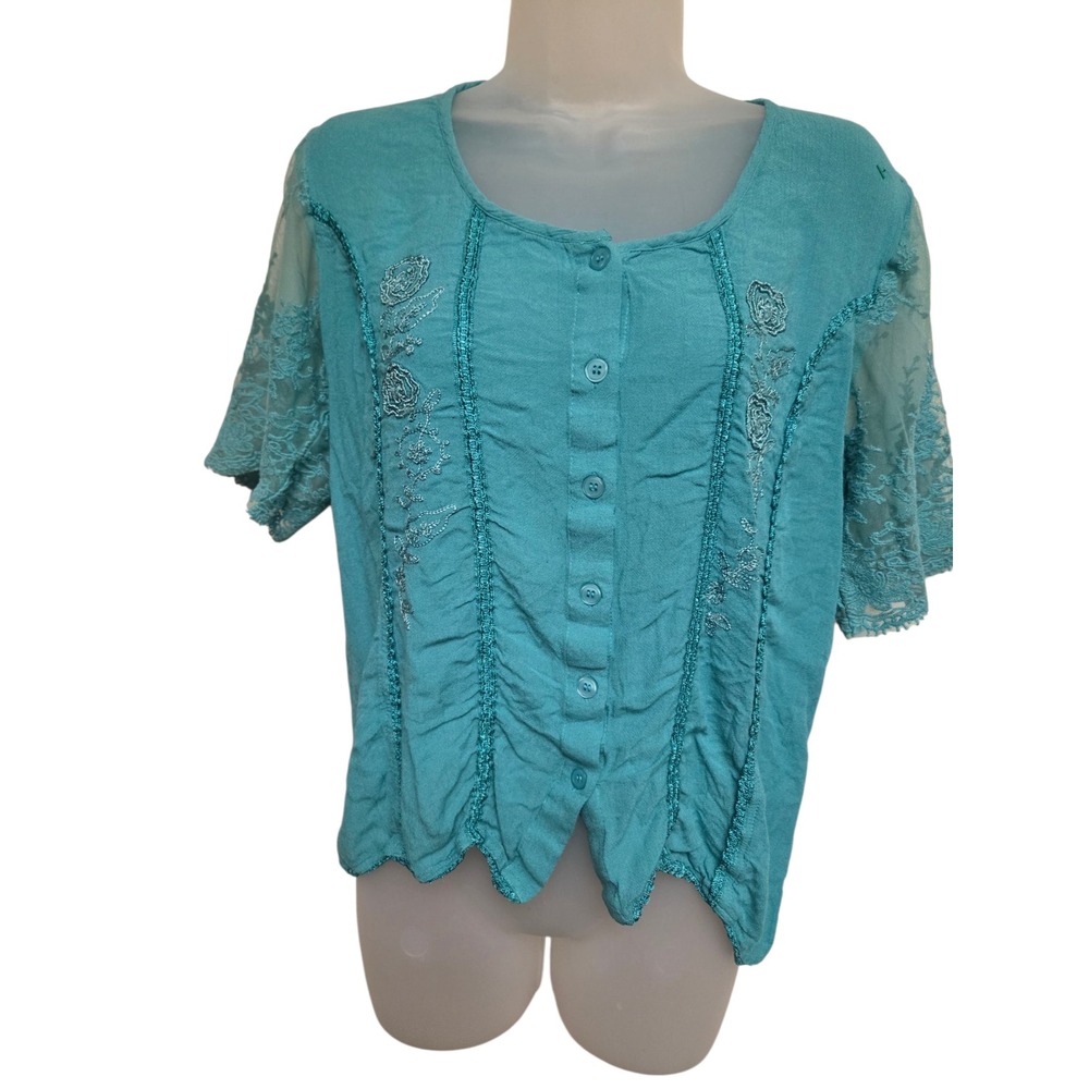 The Paragon Embroidered Blouse Lace‎ Sleeve Button Down Top Teal Size L